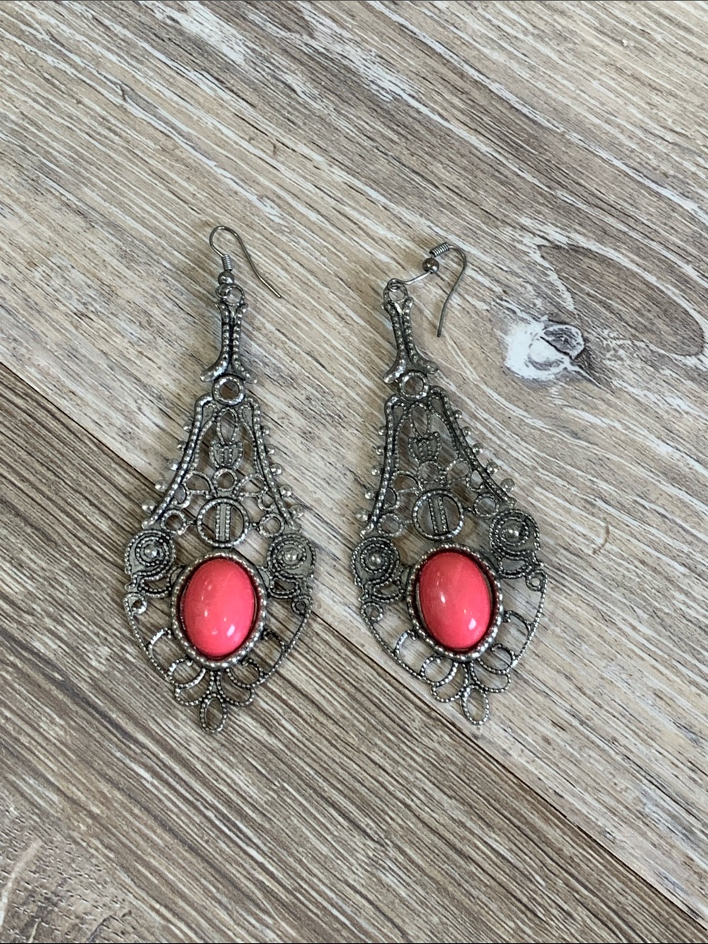 Filigree Drop Earrings with Pink Cabochon